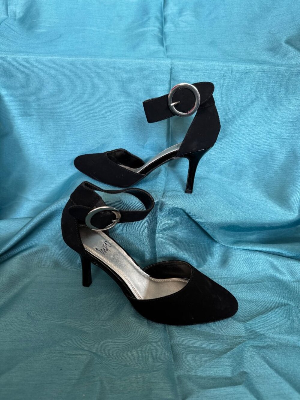 Women's iMPO black d'Orsay closed toe pumps with ankle strap and silver buckle